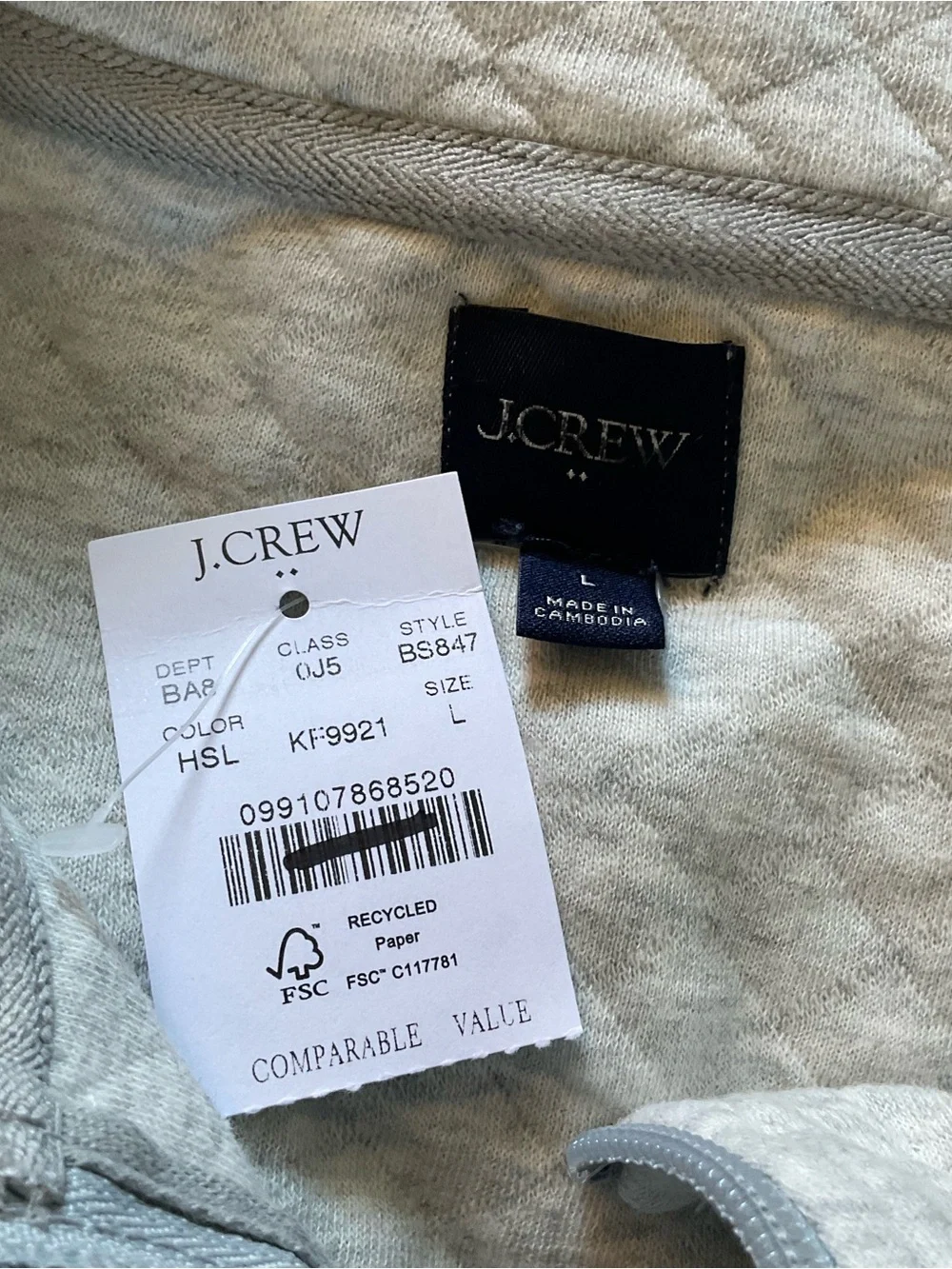 J.Crew Quilted quarter-zip Sweatshirt Heather Slate Gray Men’s Large NWT Preppy